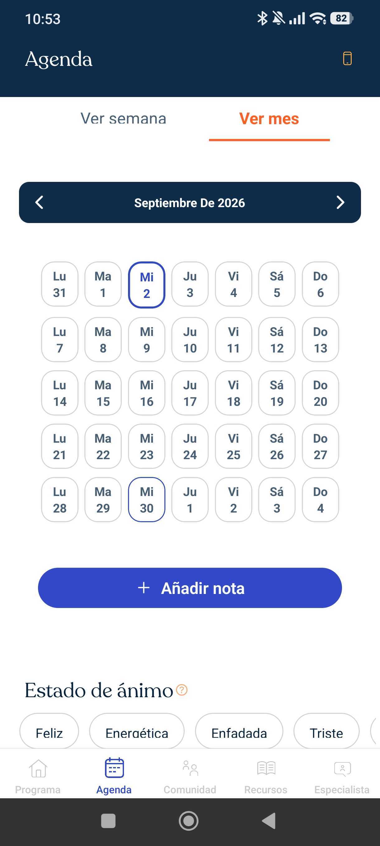 Trial participant's check-in agenda and mood log in the Mential app